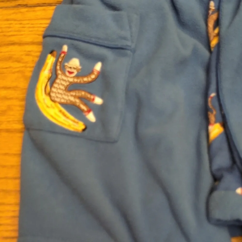 Nick & Nora Sock Monkey Banana Fleece Robe Hooded Blue 12M Baby Toddler